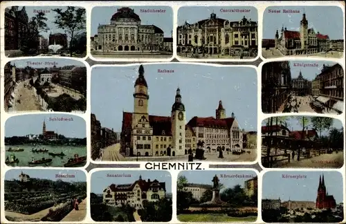 Ak Chemnitz in Sachsen, Rathaus, Stadttheater, Sanatorium, Rosarium, Schlossteich