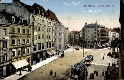 Ak Chemnitz in Sachsen, Johannisplatz, Straßenbahnen, Geschäft Franz Jos. Heisel
