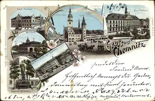 Litho Chemnitz Sachsen, Neues Rathaus, Kaisl. Postamt, Markthalle, Saxonia Brunnen