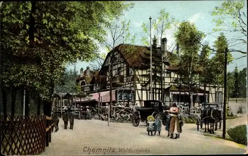 Ak Chemnitz Sachsen, Waldschänke, Außenansicht, Kutsche, Passanten