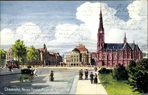 Ak Chemnitz in Sachsen, Neues Theater, Museum, Petrikirche, Kutsche