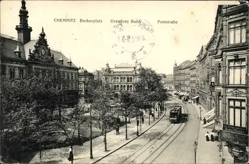 Ak Chemnitz in Sachsen, Dresdner Bank, Poststraße, Beckerplatz, Straßenbahn