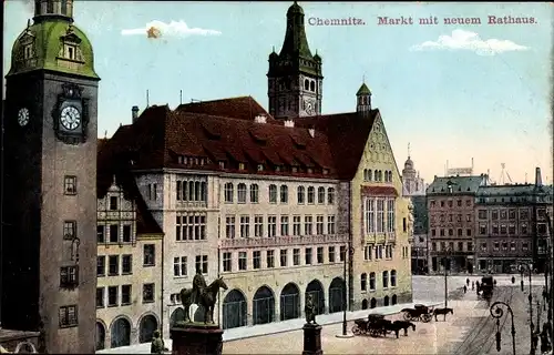 Ak Chemnitz Sachsen, Markt mit neuem Rathaus, Denkmal, Kutschen