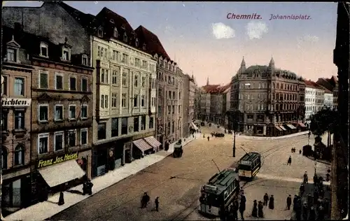 Ak Chemnitz in Sachsen, Johannisplatz, Straßenbahnen, Geschäft Franz Jos. Heisel