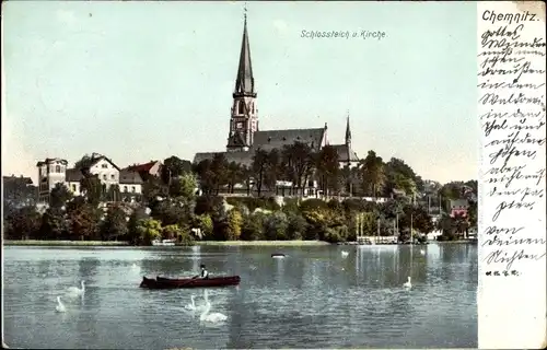 Ak Chemnitz, Schlossteich und Kirche, Ruderboot, Schwäne