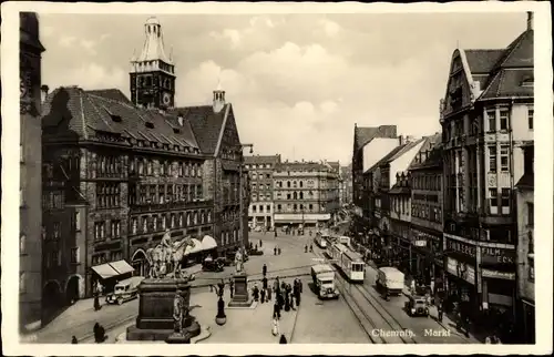 Ak Chemnitz in Sachsen, Marktplatz mit Rathaus, Denkmal, Straßenbahn