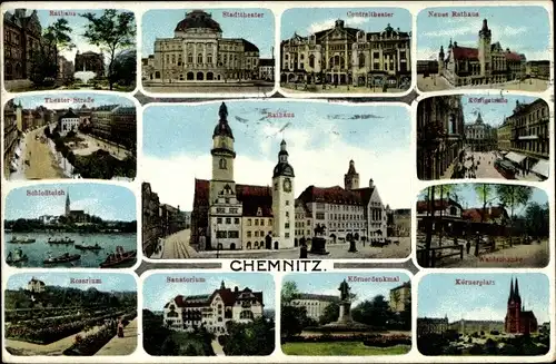 Ak Chemnitz in Sachsen, Rathaus, Stadttheater, Sanatorium, Rosarium, Schlossteich