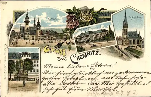 Litho Chemnitz Sachsen, St. Nicolaikirche, Marktplatz, Gymnasium, Saxoniabrunnen
