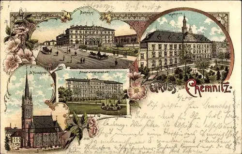 Litho Chemnitz Sachsen, Rathaus, Bahnhof, Staatslehranstalt, St. Nicolaikirche