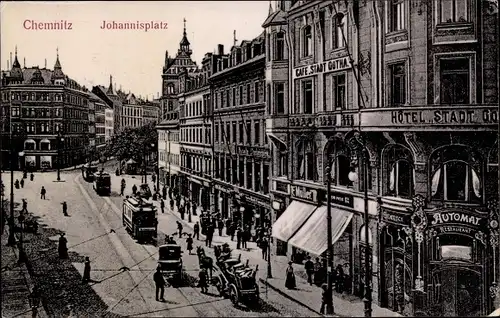 Ak Chemnitz Sachsen, Johannisplatz, Geschäfte, Straßenbahn, Hotel Stadt Gotha, Automat