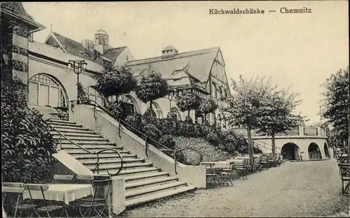 Ak Chemnitz Sachsen, Küchwaldschänke, Außenansicht, Treppenaufgang