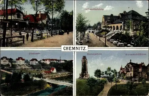 Ak Chemnitz in Sachsen, Waldschänke, Küchwaldschänke, Stadtpark, Bismarckturm