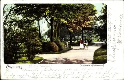 Ak Chemnitz, Inselpartie am Schlossteich, Frau mit Kind