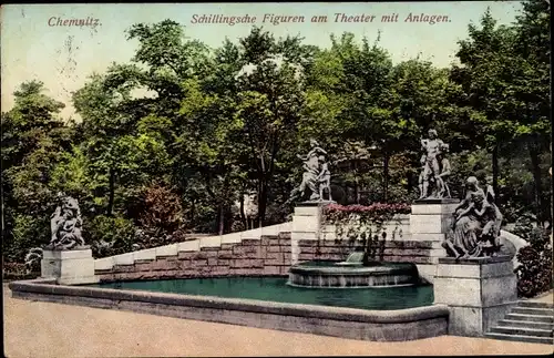 Ak Chemnitz, Schillingsche Figuren am Theater mit Anlagen