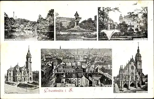 Ak Chemnitz in Sachsen, Inselbrücke Schlossteich, Körnerdenkmal, Jakobikirche, Panorama