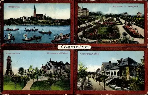 Ak Chemnitz in Sachsen, Rosarium, Küchwaldschänke, Bismarckturm, Schlossteich