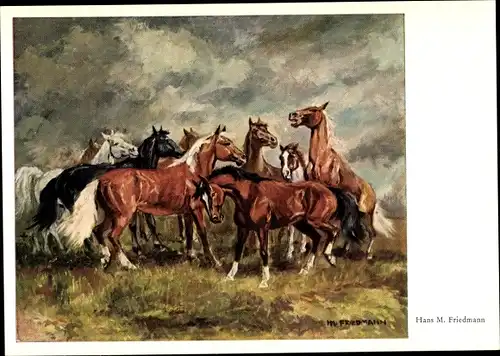 Künstler Ak Friedmann, H. M., Vor dem Gewitter, Erschrockene Pferde