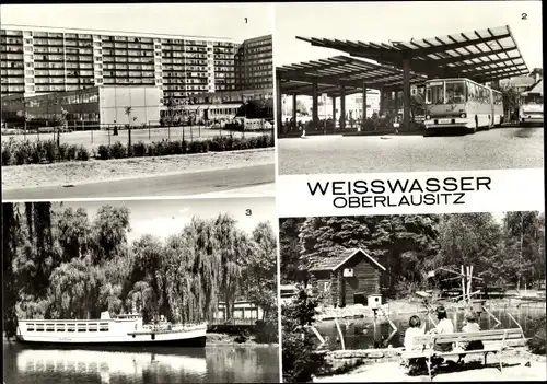 Ak Weißwasser in der Oberlausitz, Wohnkomplex am Wasserturm, Busbahnhof, Schiffbar, Jahnsteich