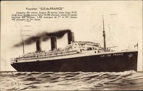 Ak French Line, CGT, Paquebot Ile de France, Dampfer