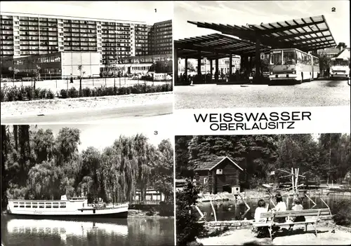 Ak Weißwasser in der Oberlausitz, Wohnkomplex am Wasserturm, Busbahnhof, Schiffbar, Jahnsteich