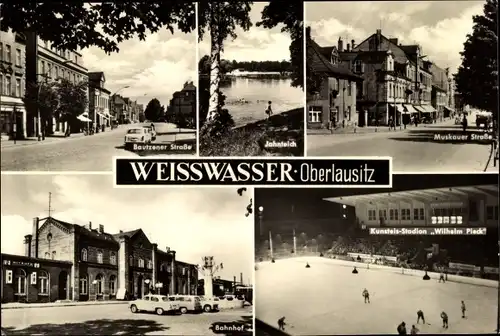 Ak Weißwasser Oberlausitz, Bautzener Straße, Kunsteis Stadion Wilhelm Pieck, Eishockeyspiel, Bahnhof