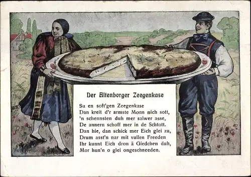 Künstler Ak Altenburg in Thüringen, Der Altenborger Zeegenkase, Paar in Trachten, Ziegenkäse, Vers