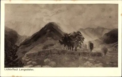 Künstler Ak Lichteffect Langedales, Berglandschaft, Bäume