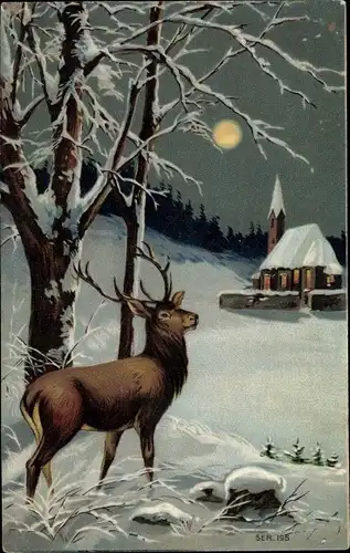 Präge Ak Hirsch am Waldrand bei Nacht, Schnee, Mond