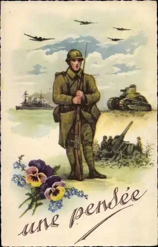 Künstler Ak Une Pensee, französischer Soldat in Uniform, Panzer, Flak, Kampfflugzeuge