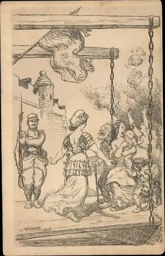 Künstler Ak Marianne, französischer Soldat, Zivilisten, Kriegsnot, I WK