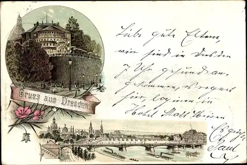 Litho Dresden Altstadt, Panorama mit Brücke