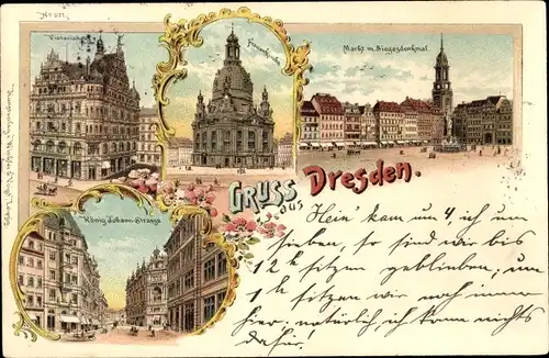 Litho Dresden, Victoriahaus, König Johann Straße, Frauenkirche, Markt m. Siegesdenkmal