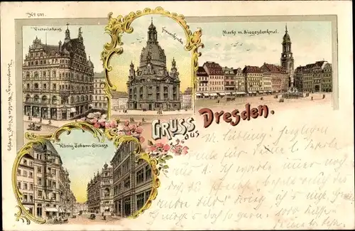 Litho Dresden, Victoriahaus, König Johann Straße, Frauenkirche, Markt m. Siegesdenkmal