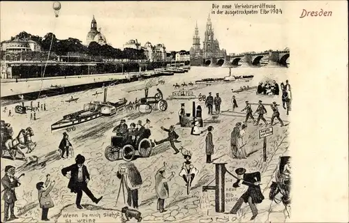 Ak Dresden Altstadt, Verkehrseröffnung in der ausgetrockneten Elbe 1904