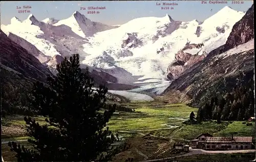 Ak Pontresina Kanton Graubünden Schweiz, Hotel Restaurant Roseggletscher mit Roseggruppe