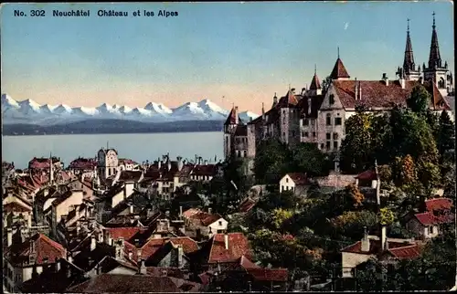 Ak Neuchâtel, Vue sur le château et les Alpes
