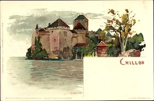 Künstler Litho Voellmy, F., Chillon Kanton Waadt, Blick auf eine Burg
