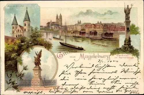 Litho Magdeburg an der Elbe, Marienkirche, Denkmal im Herrenkruge, Neustädter Siegesdenkmal