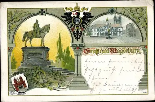 Litho Magdeburg an der Elbe, Kaiser Wilhelm Denkmal, Wappen