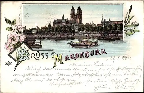 Litho Magdeburg an der Elbe, Flusspartie mit Blick auf die Stadt, Dampfer