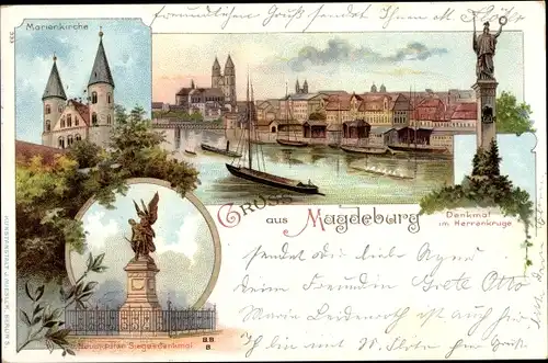 Litho Magdeburg an der Elbe, Marienkirche, Denkmal im Herrenkruge, Neustädter Siegesdenkmal