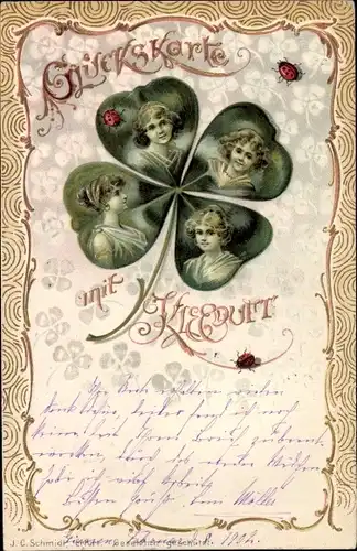 Präge Litho Glückskarte mit Kleeduft, Frauen im Kleeblatt, Marienkäfer