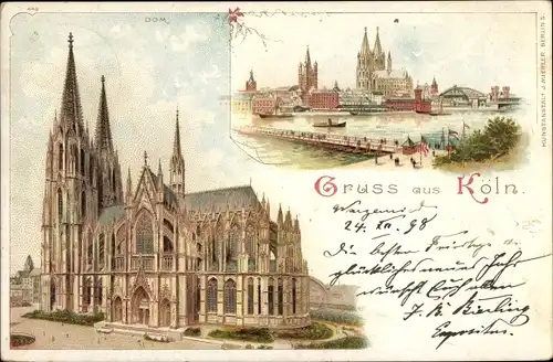 Litho Köln am Rhein, Der Dom aus der Seitenansicht, Stadtpanorama über den Rhein