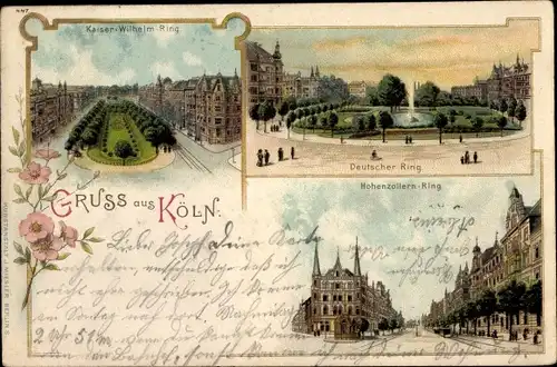 Litho Köln am Rhein, Kaiser Wilhelm Ring, Deutscher Ring, Hohenzollernring