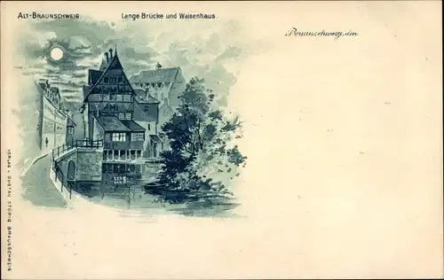 Mondschein Litho Braunschweig in Niedersachsen, Lange Brücke, Waisenhaus