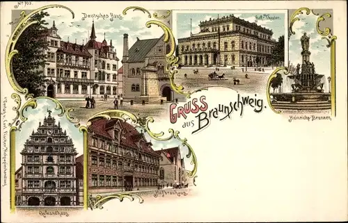 Litho Braunschweig, Deutsches Haus, Hoftheater, Hofbrauhaus, Gewandhaus, Heinrichsbrunnen