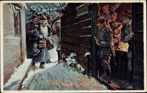 Künstler Ak Des feldgrauen Weihnachtsmannes Eintreffen im Schützengraben, Kriegsweihnacht, I. WK