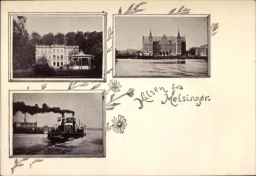 Ak Helsingør Helsingör Dänemark, Kronborg Slot, Schloss, Fährdampfer