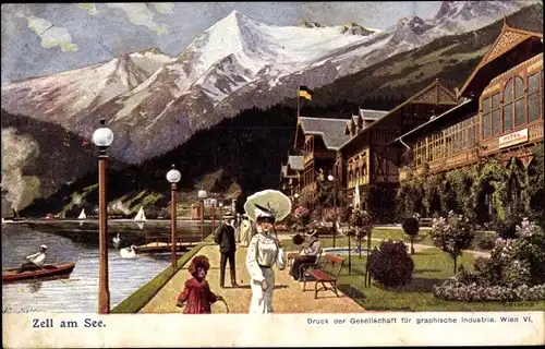 Künstler Ak Zell am See in Salzburg, Uferpromenade mit Hotel und Alpenpanorama