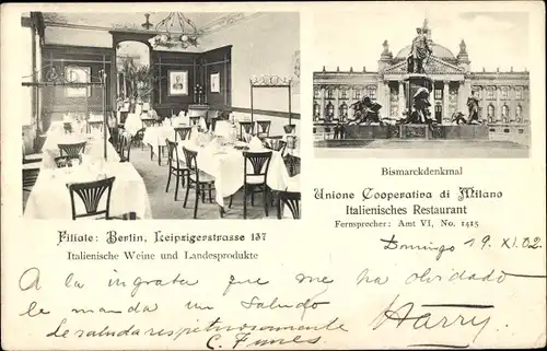 Ak Berlin Mitte, Unione Cooperativa di Milano, Italienisches Restaurant, Leipziger Straße 137